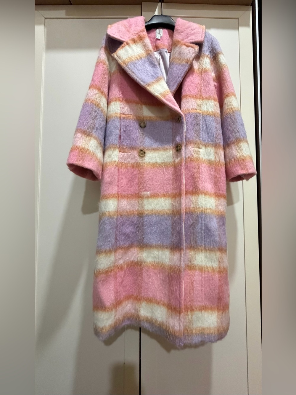 Anthropologie Maeve  Pastel Plaid Long Trench Coat in Pink, Lavender & Cream - Picture 6 of 7